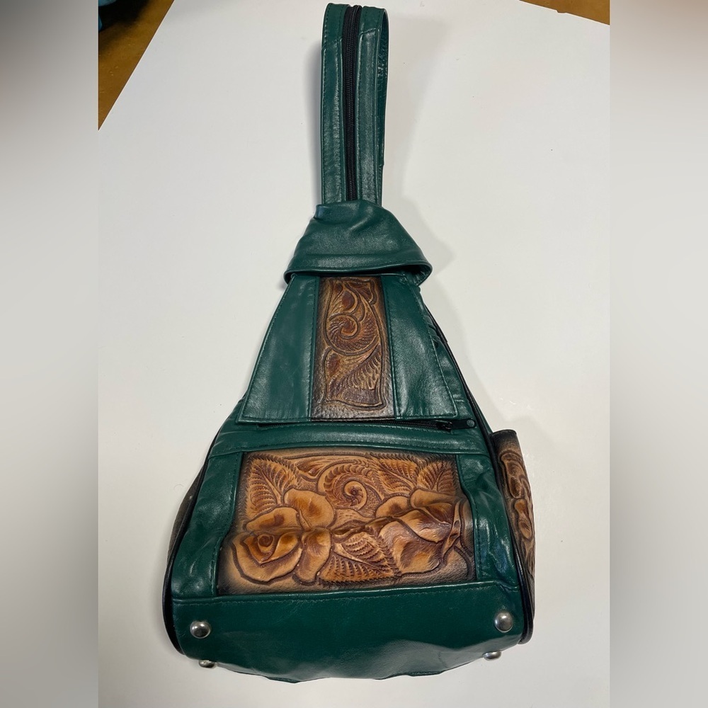 Vintage Leather Sling Backpack 2 In 1 Bag Mexican Hand Tooled 90s Boho Green Tan